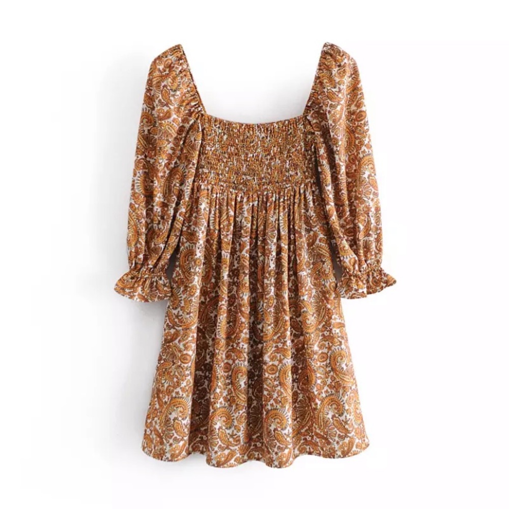Retro Paisley Square Neck Smocked Boho Mini Dress - Picture 2 of 14